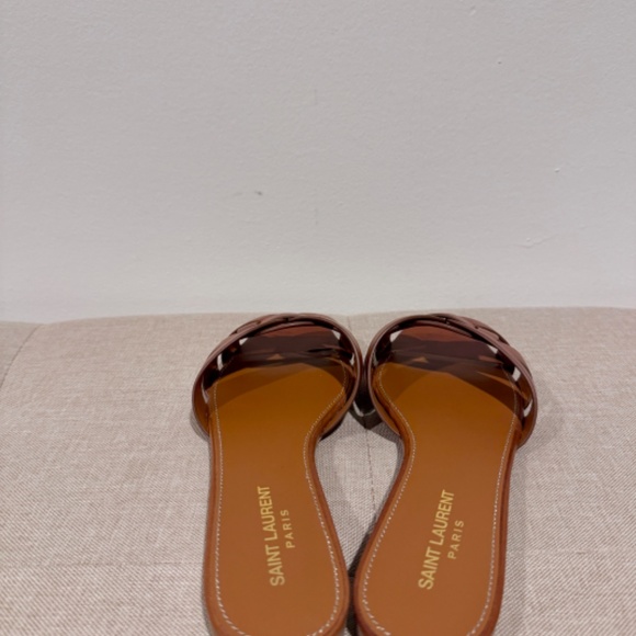 Authentic SAINT LAURENT YSL TRIBUTE AMBER BROWN LEATHER SANDALS FLATS MULES 39/8 - Picture 6 of 10